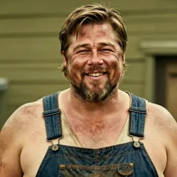far view, extremely fat obese forrest whitaker brad pitt with long beard, wearing dirty overalls, dirty greasy face, grin, portrait, close up, kodak gold 2 0 0, 5 0 mm,