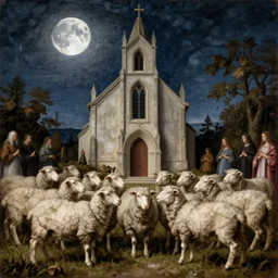 the church of sacrifice. sheep, there is a sacrifice, the moon, moonlight, highly detailed, renaissance painting, 4 k, octane render