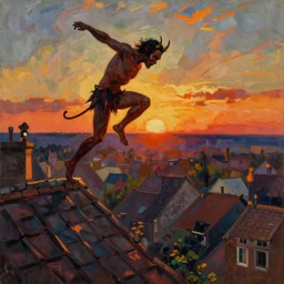 painting by mikalojus konstantinas ciurlionis. devil jumping from roof to roof. sunset.