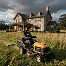 batman driving lawnmower, property with tall grass being mowed, photograph