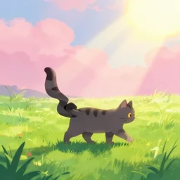Cat walking in the green grass, aesthetic, calming, pink clouds in the sky, brightly illuminated by rays of sun, artstation, colorful sylvain sarrailh illustration, by peter chan, day of the tentacle style, twisted shapes