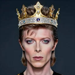 David Bowie with a diamond jeweled crown with a golden crown, photo-realistic, highly detailed, 8k, in the art style of Filip Hodas, 8k