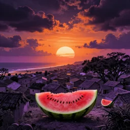 , water melon, large village, clouds, sun come up, lucid, symetric, dreamistic, fluxication, volumetric lighting, black, orange, purple, near the beach, big trees by mc escher, colorized by salvador ross gogh