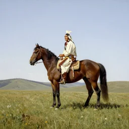 western painting, native american sitting on horse on top of hill, wide angle, by norman rockwell
