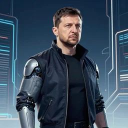 cyberpunk volodymyr zelenskyy as the leader of a futuristic communist nation, cybernetics, sharp lines, digital, artstation, colored in
