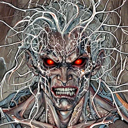 portrait of an intimidating glowing scary giant face and skin is dark red glowing eyes glowing veins of white hero villain concept art centered