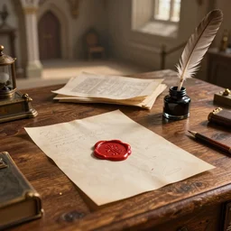 papers on a wooden desk, quill in inkpot, wax sigil on paper, areal view, inside a medieval villa, unreal engine, artstation trending, 8 k