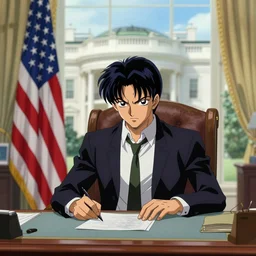 griffith from berserk by kentaro miura sitting at white house desk with american flag at his side, photo by getty images