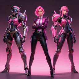 female boss, wide angle view, neon pink and black color scheme, highly detailed, artgerm, cushart krenz, metal gear solid style, trending on artstation, soft light, sharp focus, illustration, character design, concept art