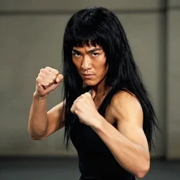 bruce lee as hard fighting woman with gorgeous lang black hair