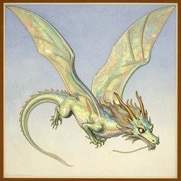 illustration of a beautiful iridescent flying artnouveau dragon with expressive eyes and long tail, by arthurrackham williamblake edmunddulac