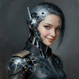 portrait painting of a female japanese cyberpunk android, dark pilot suit, beautiful, smirk, ultra high detail, intricate detail, alien production design, unreal render, cinematic lighting, art 1 9 2 0 period drama by bussiere rutkowski andreas rocha