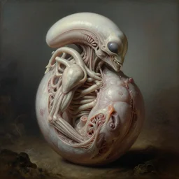 anatomical painting of alien xenomorph embryo, covered with white meat, dream - like heavy mysterious atmosphere, in the wastelands, baroque portrait painting, perfect composition, beautiful detailed intricate insanely detailed octane render, unreal engine 5, trending on artstation, 8 k artistic photography, photorealistic, soft natural volumetric cinematic perfect light, chiaroscuro, award - winning photograph, masterpiece, raphael, caravaggio, beksinski, giger