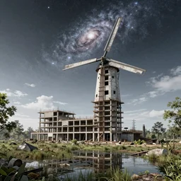 a beautiful photorealistic rendering of windmill city industrial architecture building unfinished building nature architecture urbex by kazuyo sejima, wilderness water cosmic, archdaily, wallpaper, highly detailed, trending on artstation.
