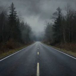 grunge painting of an empty road. in the distance, there is a forest. by bob ross, grim, gothic, ominous, haunting, foggy background, immaculate scale, hyper - realistic, detailed, atmospheric, immaculate