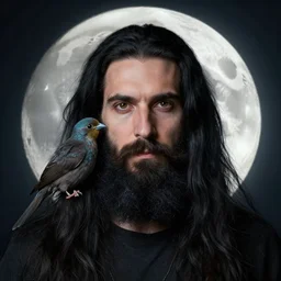 portrait of an unkle moon with long black hair and beard and his imaginary bird friend dudek, fine portrait, beautiful, realistic, magical, by tomer hanuka