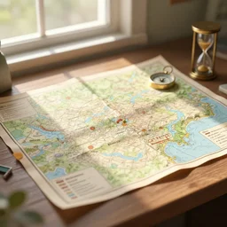 big old fictional paper map with a handwritten bookmarks on a table near window with a sunlight pouring through and creating soft shadows over map, compass and hourglass on map, bokeh, focus on map, artstation, digital art