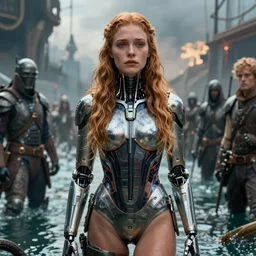 detailed ultrarealistic photography front medium shot of sadie sink, starwars, warrior, fantasy, waterworld, postapocalyptic, cyberpunk cyborg swimsuit, leyendecker, norman rockwell, greg rutkowski, artstation cinematic, vray game of thrones, lord of the rings