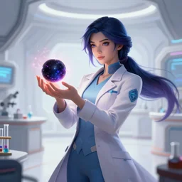 league of legends concept art beautiful young female scientist holding small black hole in her hands, futuristic laboratory in background, white interior, table with test tubes, fantasy style, art by charles liu, soft lighting, vibrant color scheme, volumetric lighting, octane render, commission art, 8 k resolution