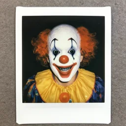 polaroid of scary looking clowns smiling big sharp teeth and very large black eyes