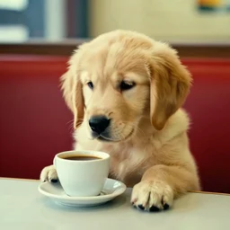 golden retriever puppy sitting at a diner drinking a cup of coffee, looking melancholy, Edward Hopper