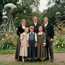 sharp,  detailed, 36864k film, 17500mm film still from a sci fi blockbuster color movie made in 2019, set in 1860, of a family standing in a park, next to some strange alien plants and flowers, on an alien planet, the family are all wearing 1860s era clothes, good lighting, enhanced faces, 700mm f/1.4L lens