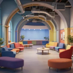 colorful nbc newsroom, industrial arches, colorful furniture, vents and ducts, curved walls, octane render, unreal engine 5, ray tracing, depth of field