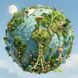 detailed another world with different architecture from plants and mycelium, bright light, moon shine,