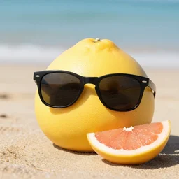 a yellow Grapefruit wearing sunglasses and relaxing on the beach