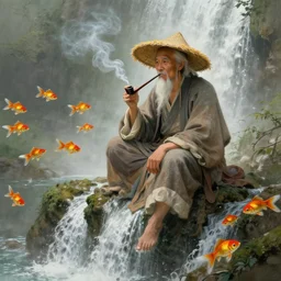 a wise old Chinese man wearing a rice hat, sitting on top a waterfall, smoking a pipe, with goldfish floating in the air, extremely high detail, artstation, behance, digital art masterpiece painting in style of medieval Chinese artists