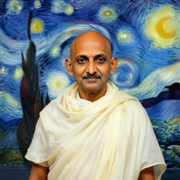 gandhiji with starry night painting in background