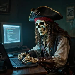 a pirate skeleton with a pirate hat sitting in front of a laptop programming, dark room, light coming from crt monitor, highly detailed, intricate, digital art, trending on artstation, trending on cgsociety