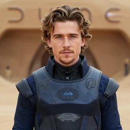 medium face shot of adult Austin Butler !!!!with exposed head!!!!, dressed in black-prussian blue futuristic-tudoresque clothing with Harkonnen-Ram-embroidery, and nanocarbon-vest, in an arena in Dune 2021, XF IQ4, f/1.4, ISO 200, 1/160s, 8K