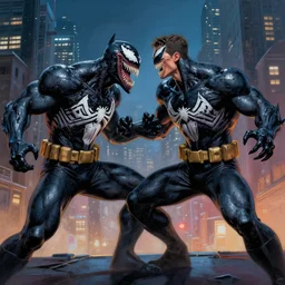 “A beautiful painting of a Batman fighting against Venom in night city by greg rutkowski and thomas kinkade, Trending on artstation. Ultra realistic HD”