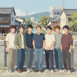 painting of a stone railing urban japanese city in the background in the style of cowboy bebop, front view, calm, sunny day, bright, artwork by jeremy lipkin and giuseppe dangelico pino and michael garmash and rob rey and greg manchess and huang guangjian and makoto shinkai, sharp edges, simple form, 1 0 0 mm