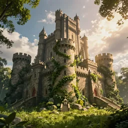 giant ancient castle in an forest with some ivy plants on the walls, cinematic, epic, dramatic lighting, cinematic view, epic sky, detailed, concept art, low angle, high detail, warm lighting, volumetric, godrays, vivid, beautiful, trending on artstation, by jordan grimmer, huge scene, grass, art greg rutkowski