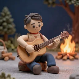 claymation man sitting, illuminated by a camp fire at night playing a guitar