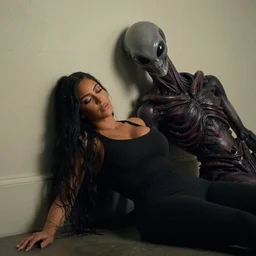 photo still full pov of a kim kardashian slumped against a wall unconscious with a alien facehugger on her face, cinematic full shot.