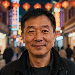 closeup portrait of a middle - aged chinese man, slight smile, street at night with lanterns and neon signs, chinese new year in shanghai, art by rebecca guay and greg rutkowski