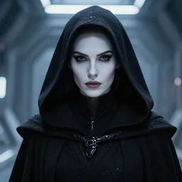 closeup portrait, beautiful woman dark lord of the sith wearing a hooded jedi cloak, white skin, dark eyes, standing in deathstar hallway, craig mullins, rim light, volumetric lighting, concept art, smooth, sharp focus, arney freytag, glamour pose, soft ambient lighting,, iso 4 0 0, 6 2 mm,