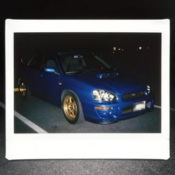 retro 90s 97’ film photo harsh flash. Night time dark dimly lit parking lot. 1996 blue Subraru WRX STi front side view. ((Polaroid)) harsh flash amateur photo (gold rims 5 spoke intricate) ((motion blur)) ((low exposure)) aesthetic film grain