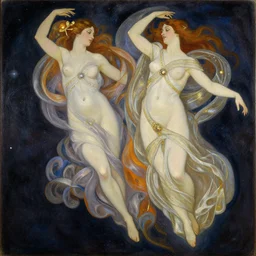 painting of gemini goddesses wearing celestial gowns intertwined and floating in space by tamara de lempicka