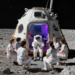 a team of therapists calmly attend to an astronaut in a psychedelic therapy session, inside a midcentury modern architecture lunar module, on the surface of the moon, concept art, science fiction industrial hard science concept art, 8 k render octane high definition