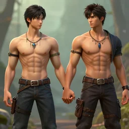 young asian fit male and female, small cloths, holding each other hands, by kyu yong eom thomas cole and wayne barlowe, 8 k, high detail, fantasy art, dnd, artstation,