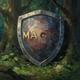 big magic shield is in the fantasy forest, by ghibli, pixar, disney, dark, albert bierstadt, 4 k, high detail