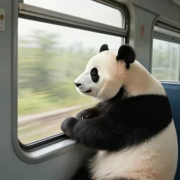 panda on a train, looking out the window, art by michael sowa.