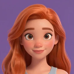portrait Girl with orange hair and freckles, purple background, cute-fine-face, pretty face, realistic shaded lighting by disney character style,