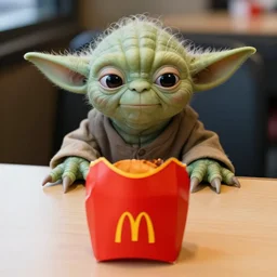 yoda, sad, yoda sitting behind a table inside mcdonald's, small red cardboard box on table, yellow m logo on box, flat cheeseburger 3 5 mm, f / 2. 8