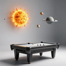 The solar system, Sun and Planets on a billiards table, octane render, photo-realistic
