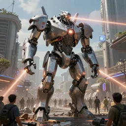 Robot titan from 80th's shoots lasers from eyes at humans in town, unreal engine 5, 8k resolution, concept art, ps5, highly detailed, hyperrealistic
